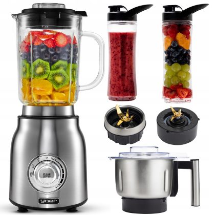 Blender kielichowy szklany 4w1 Yoer +MŁYNEK +2 Bidony 2,4L 1800W +stal INOX